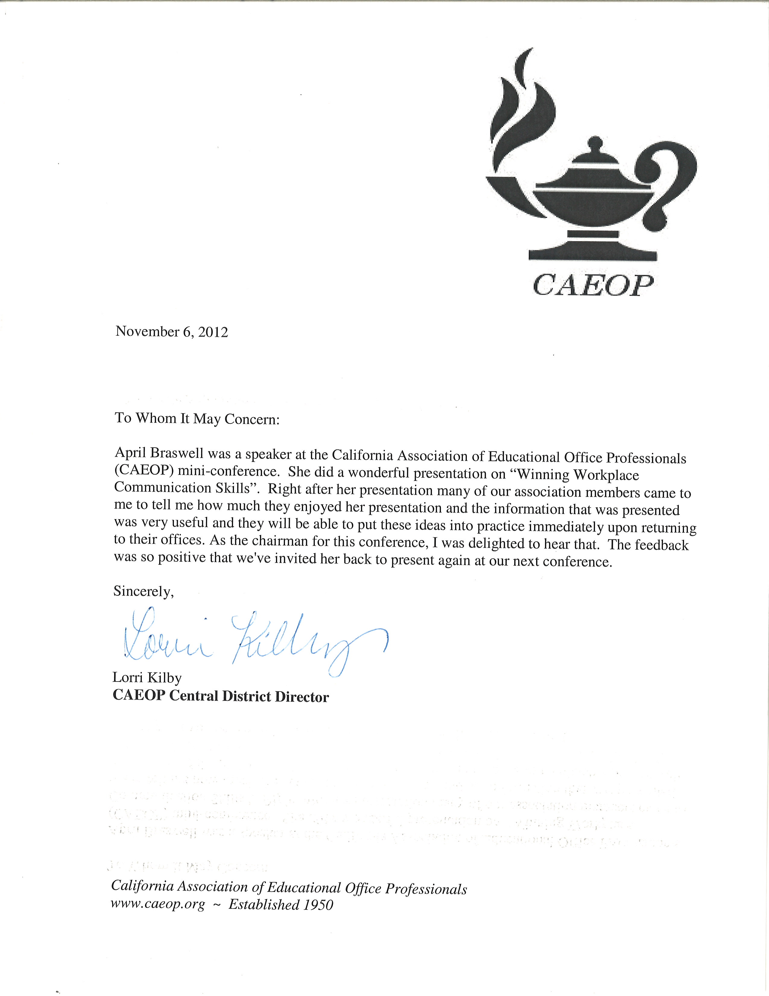 April Braswell,woman motivational speaker testimonial letter CAEOP